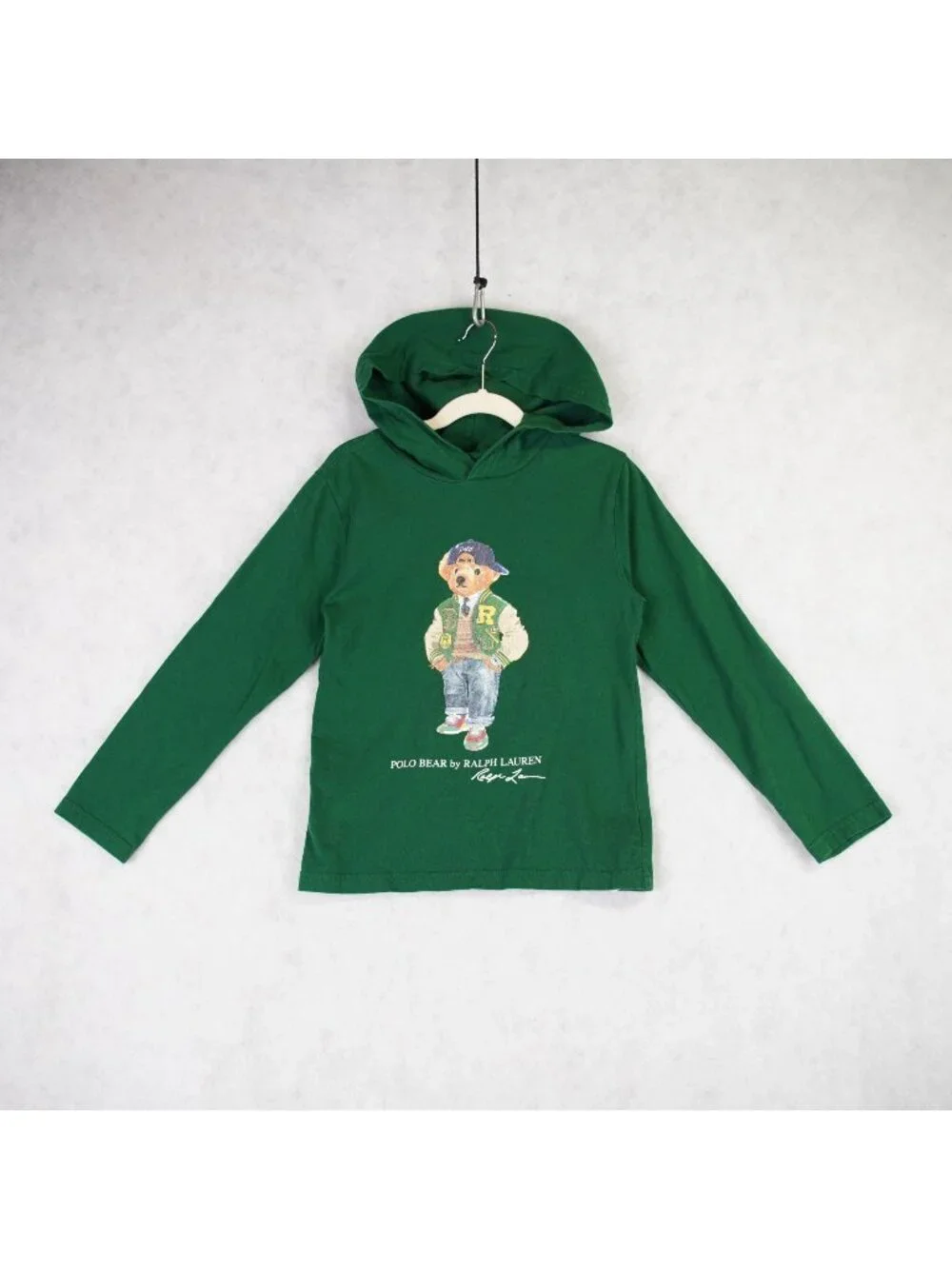 Polo Ralph Lauren Bear Cotton Jersey Hooded Tee Boys Small 8 Green Bear Print